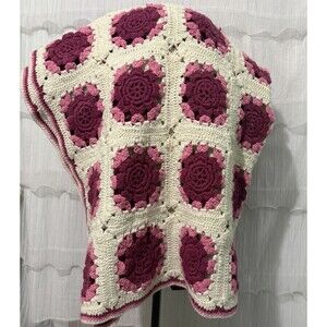 Vintage Crotchet Rose Granny Square Afghan Throw 60x47” Red Pink Cream Cottage